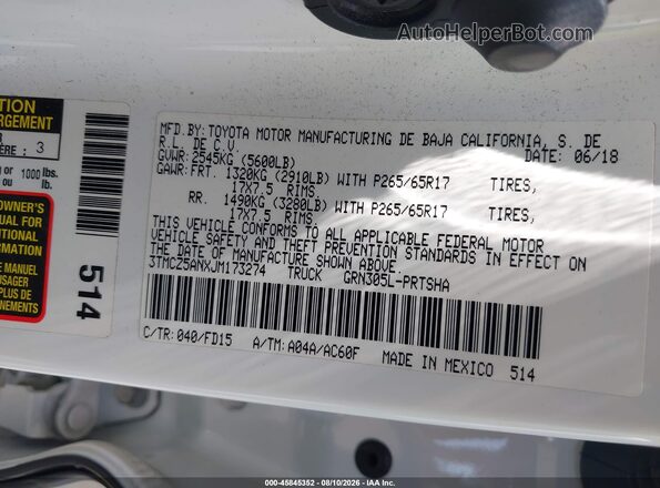 3TMCZ5ANXJM173274 2018 TOYOTA TACOMA White Вид підкапотного простору