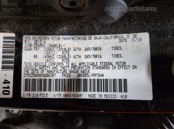 3TMCZ5ANXKM206307 2019 TOYOTA TACOMA Black Вид підкапотного простору
