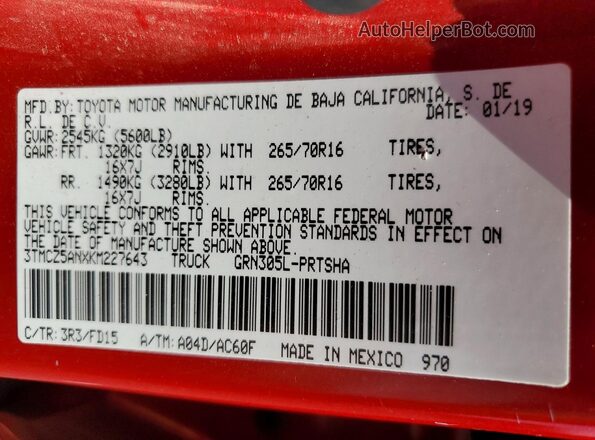 3TMCZ5ANXKM227643 2019 TOYOTA TACOMA Красный Вид подкапотного пространства