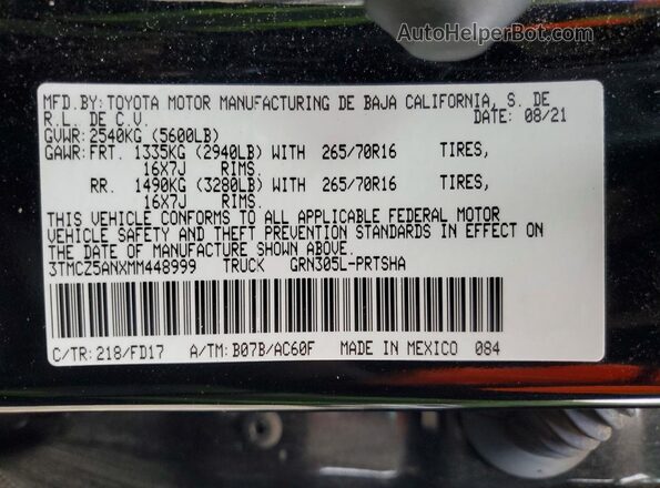 3TMCZ5ANXMM448999 2021 TOYOTA TACOMA Черный Вид подкапотного пространства