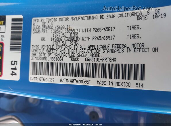 3TMDZ5BN1LM081864 2020 TOYOTA TACOMA Blue Widok komory silnika