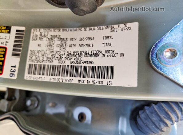 3TMDZ5BN1NM137269 2022 TOYOTA TACOMA Turquoise Widok naklejki z numerem VIN