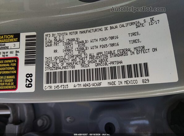 3TMDZ5BN4JM037788 2018 TOYOTA TACOMA Серый Вид подкапотного пространства