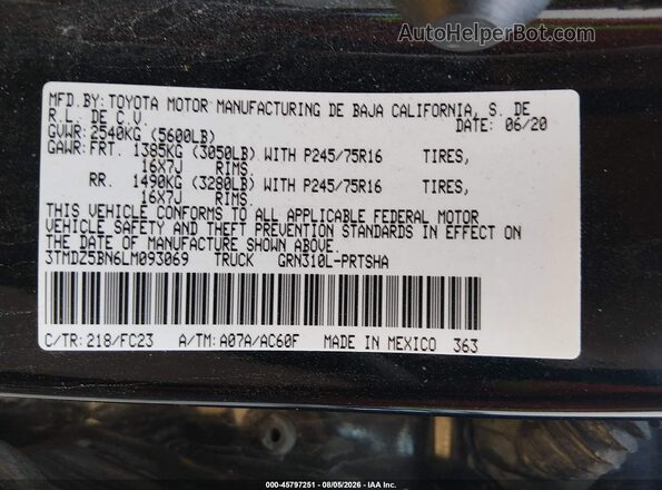 3TMDZ5BN6LM093069 2020 TOYOTA TACOMA Black Widok komory silnika