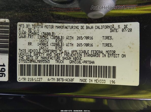 3TMDZ5BN6LM095565 2020 TOYOTA TACOMA Черный Вид подкапотного пространства