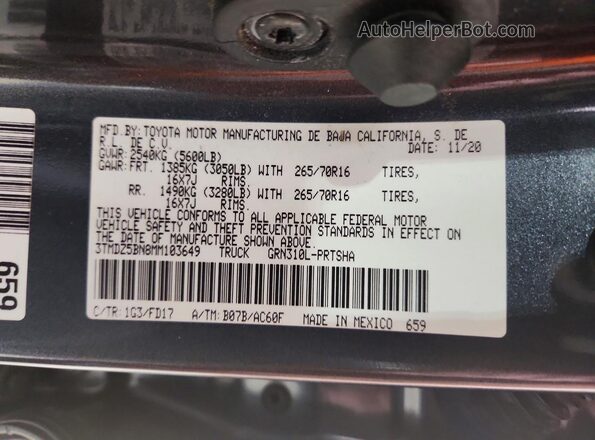3TMDZ5BN8MM103649 2021 TOYOTA TACOMA Charcoal 