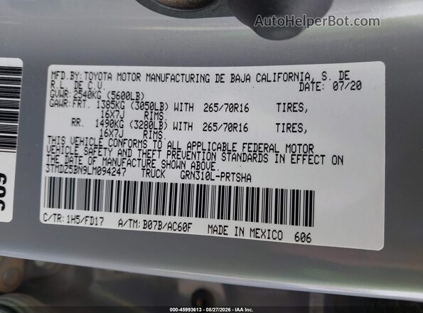 3TMDZ5BN9LM094247 2020 TOYOTA TACOMA Light Blue ძრავის განყოფილების ხედი