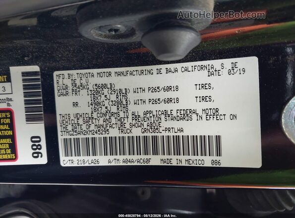 3TMGZ5AN2KM245295 2019 TOYOTA TACOMA Black Вид підкапотного простору