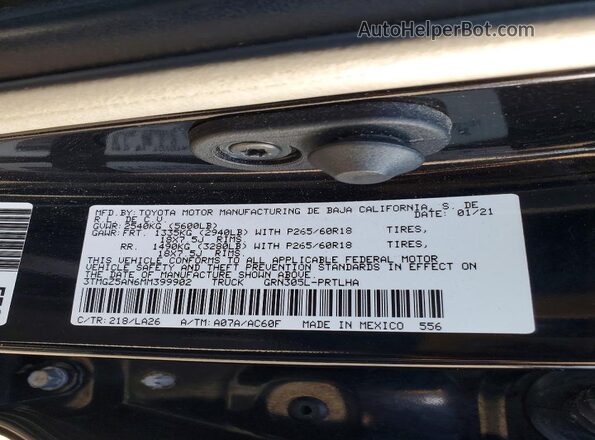 3TMGZ5AN6MM399902 2021 TOYOTA TACOMA Black Շարժիչի բաժամունքի տեսք