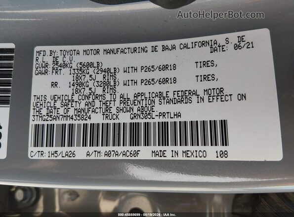 3TMGZ5AN7MM435824 2021 TOYOTA TACOMA Gray Widok komory silnika