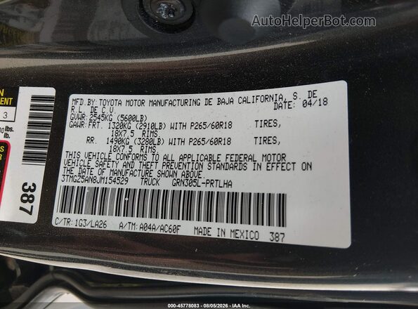 3TMGZ5AN8JM154529 2018 TOYOTA TACOMA Gray Widok komory silnika