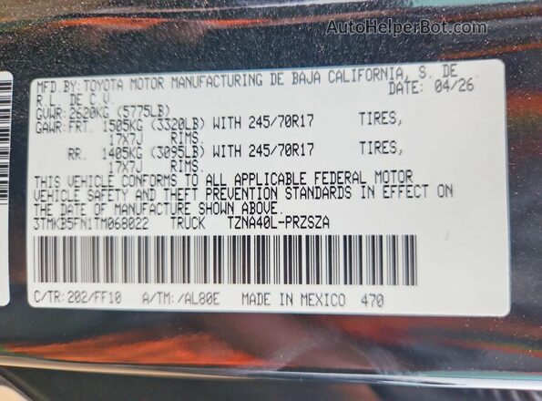 3TMKB5FN1TM068022 2026 TOYOTA TACOMA Черный Вид наклейки с VIN-кодом