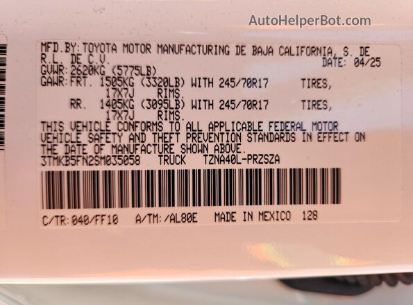 3TMKB5FN2SM035058 2025 TOYOTA TACOMA White VIN sticker view
