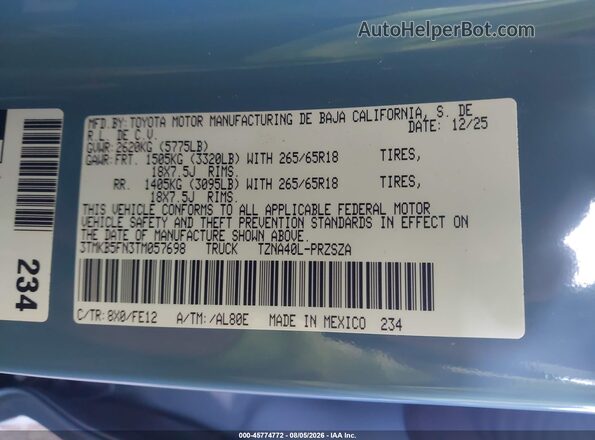 3TMKB5FN3TM057698 2026 TOYOTA TACOMA Blue Widok komory silnika