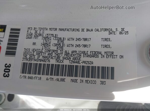3TMKB5FN4SM040276 2025 TOYOTA TACOMA White Вид підкапотного простору