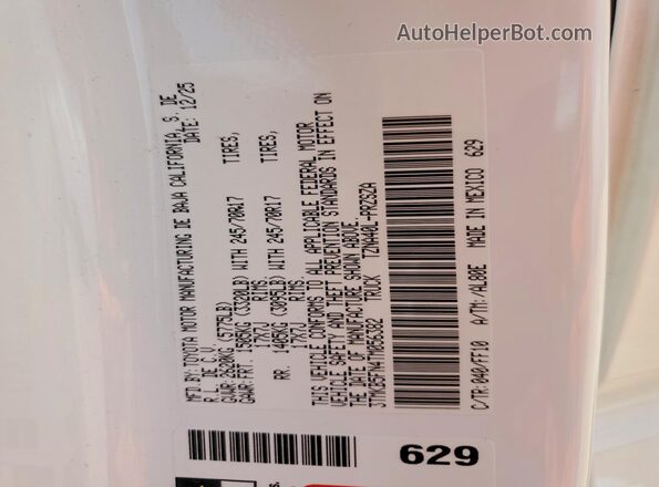 3TMKB5FN4TM056382 2026 TOYOTA TACOMA White VIN կոդի պիտակի տեսք