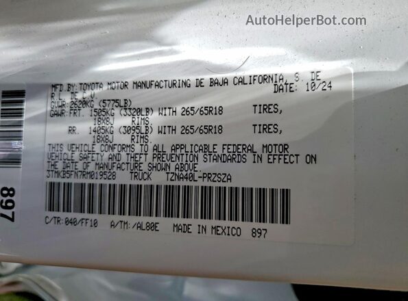 3TMKB5FN7RM019528 2024 TOYOTA TACOMA White Вид підкапотного простору