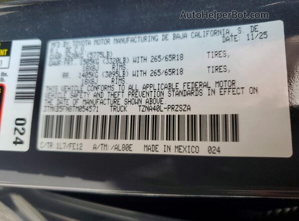 3TMKB5FN8TM054571 2026 TOYOTA TACOMA Gray VIN კოდის სტიკერის ხედი