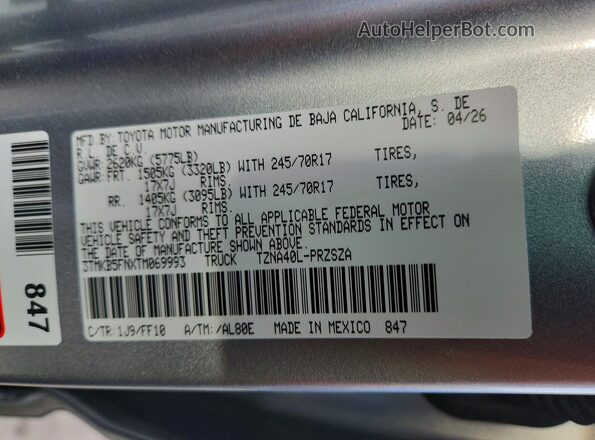 3TMKB5FNXTM069993 2026 TOYOTA TACOMA Silver 