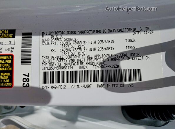 3TMLB5JN0RM082174 2024 TOYOTA TACOMA White Vista de la etiqueta del VIN
