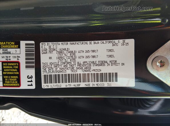 3TMLB5JN1SM204515 2025 TOYOTA TACOMA Pewter Widok komory silnika