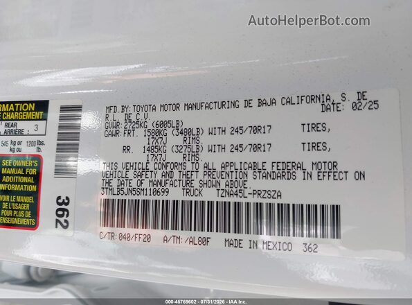 3TMLB5JN5SM110699 2025 TOYOTA TACOMA White Вид підкапотного простору