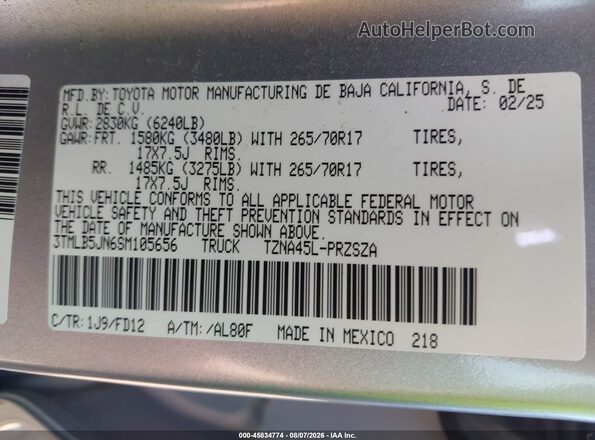 3TMLB5JN6SM105656 2025 TOYOTA TACOMA Silver Engine compartment view