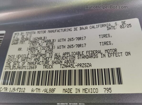 3TMLB5JN6SM112669 2025 TOYOTA TACOMA Серебряный Вид подкапотного пространства