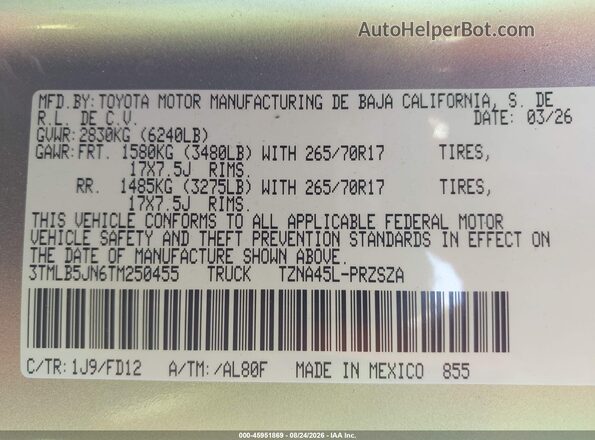 3TMLB5JN6TM250455 2026 TOYOTA TACOMA Silver Vista del compartimento del motor
