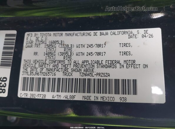 3TMLB5JN6TM265716 2026 TOYOTA TACOMA Black Widok komory silnika