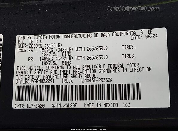 3TMLB5JN7RM032291 2024 TOYOTA TACOMA Gray Engine compartment view