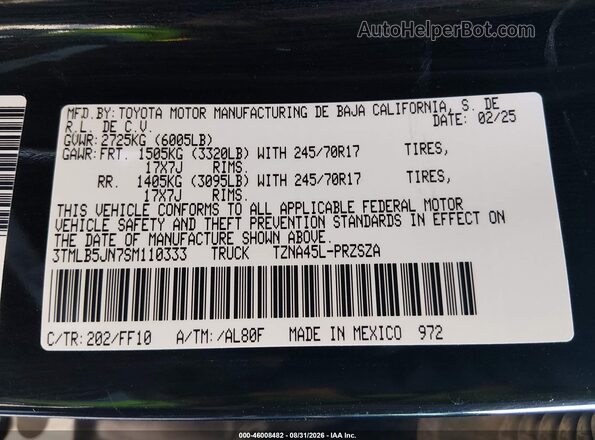 3TMLB5JN7SM110333 2025 TOYOTA TACOMA Black Շարժիչի բաժամունքի տեսք