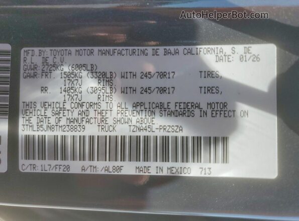 3TMLB5JN8TM238839 2026 TOYOTA TACOMA Gray Vista de la etiqueta del VIN