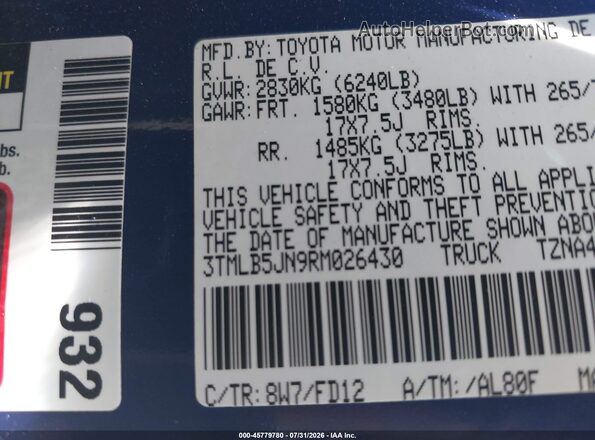 3TMLB5JN9RM026430 2024 TOYOTA TACOMA Blue Շարժիչի բաժամունքի տեսք