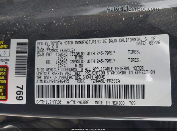 3TMLB5JN9TM246495 2026 TOYOTA TACOMA Gray Շարժիչի բաժամունքի տեսք