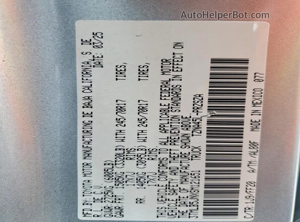3TMLB5JNXSM121651 2025 TOYOTA TACOMA Silver Engine compartment view