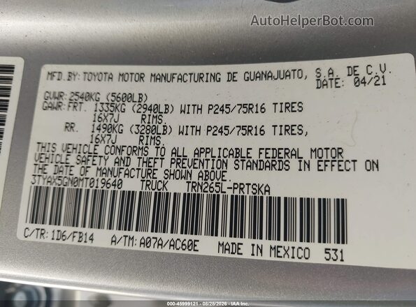 3TYAX5GN0MT019640 2021 TOYOTA TACOMA Silver Вид підкапотного простору