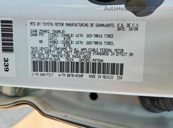 3TYCZ5AN3MT012645 2021 TOYOTA TACOMA White Widok naklejki z numerem VIN