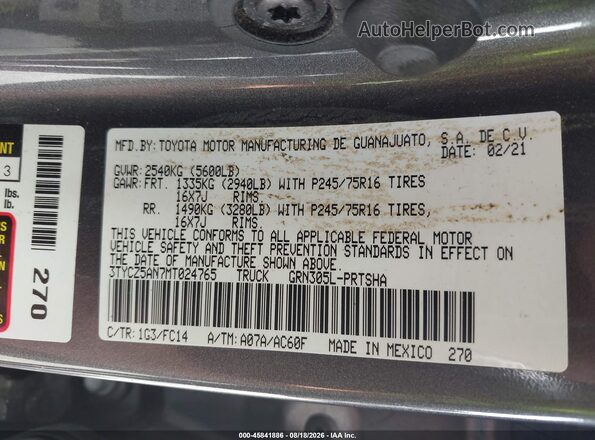 3TYCZ5AN7MT024765 2021 TOYOTA TACOMA Gray Widok komory silnika
