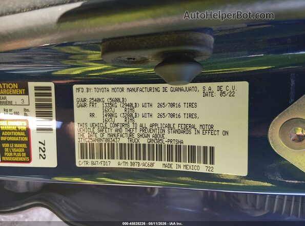 3TYCZ5AN8NT083437 2022 TOYOTA TACOMA Синий Вид подкапотного пространства