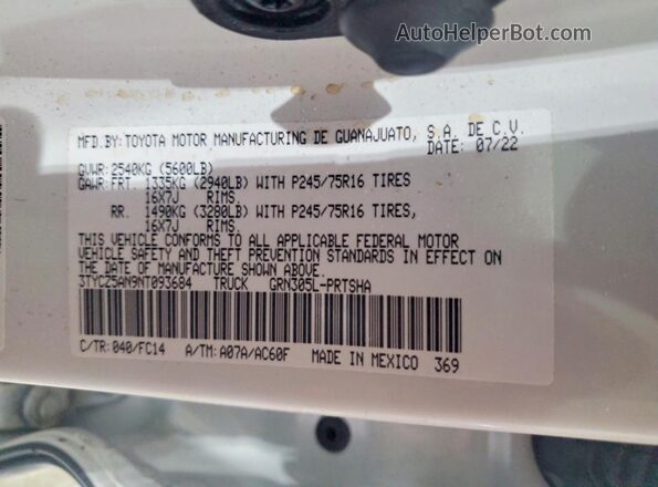 3TYCZ5AN9NT093684 2022 TOYOTA TACOMA White Vista del compartimento del motor