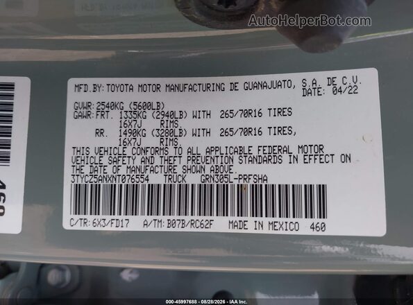 3TYCZ5ANXNT076554 2022 TOYOTA TACOMA Gray Vista del compartimento del motor