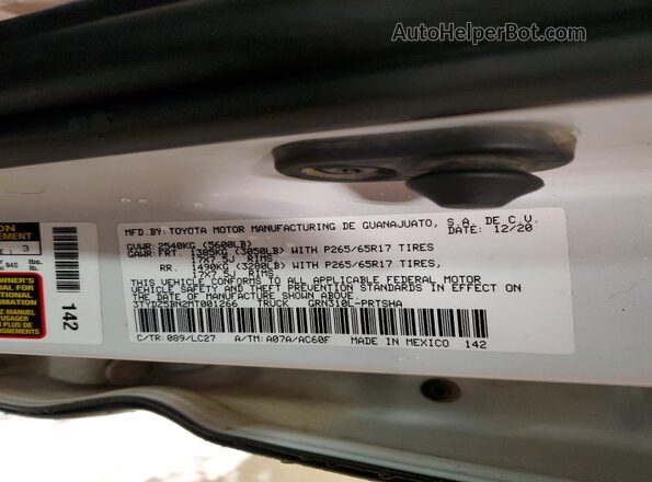 3TYDZ5BN2MT001266 2021 TOYOTA TACOMA White VIN კოდის სტიკერის ხედი
