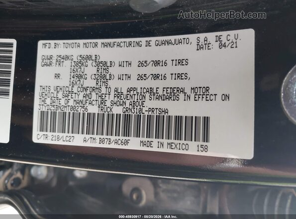 3TYDZ5BN2MT002756 2021 TOYOTA TACOMA Черный Вид подкапотного пространства