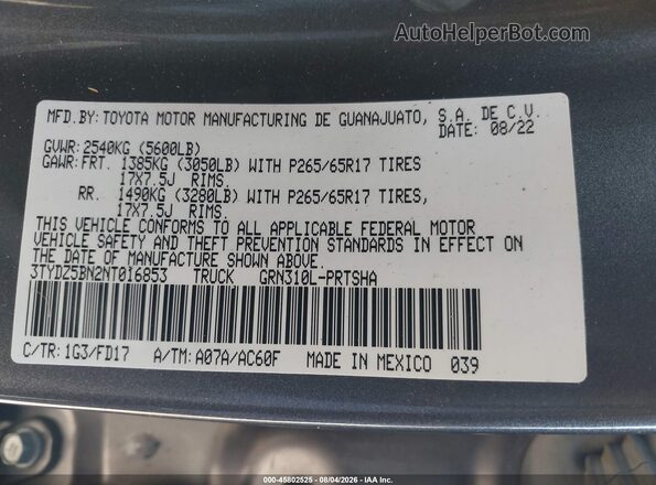 3TYDZ5BN2NT016853 2022 TOYOTA TACOMA Gray Շարժիչի բաժամունքի տեսք