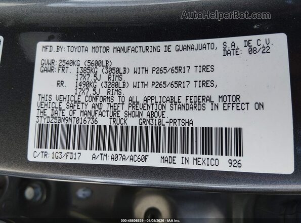 3TYDZ5BN9NT016736 2022 TOYOTA TACOMA Gray Vista del compartimento del motor