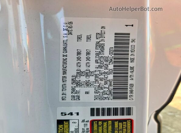 3TYJDAHN3TT044451 2026 TOYOTA TACOMA White Vista de la etiqueta del VIN