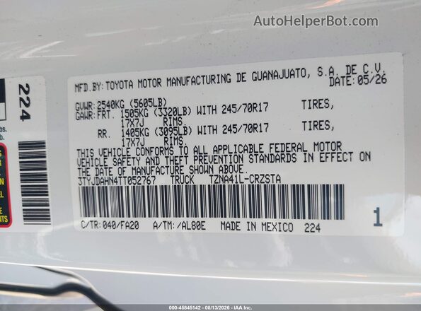 3TYJDAHN4TT052767 2026 TOYOTA TACOMA White ძრავის განყოფილების ხედი