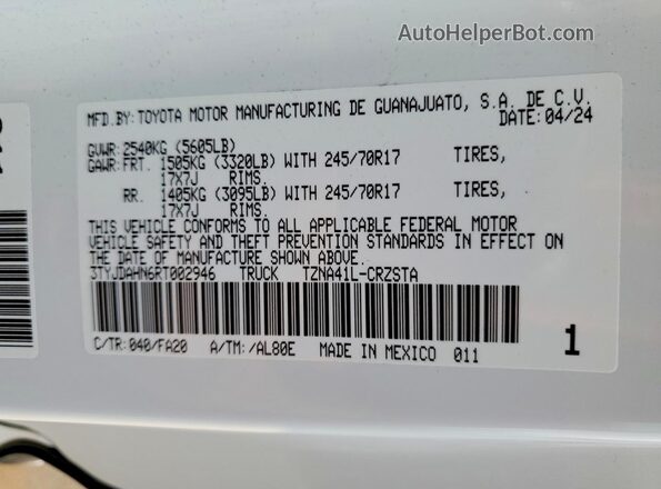 3TYJDAHN6RT002946 2024 TOYOTA TACOMA White Widok komory silnika