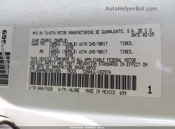 3TYJDAHN6ST021826 2025 TOYOTA TACOMA White Շարժիչի բաժամունքի տեսք